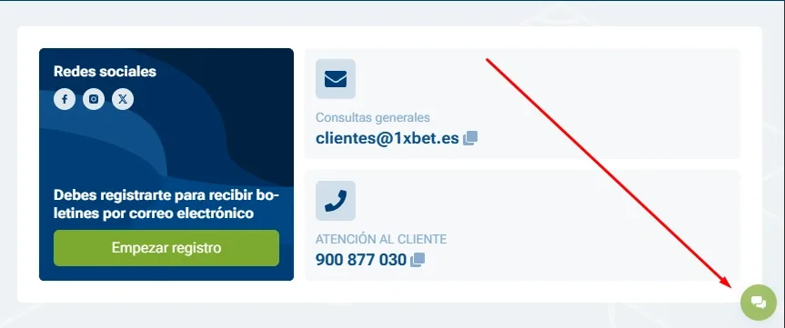 Chat soporte 1xBet para ayudar con registro