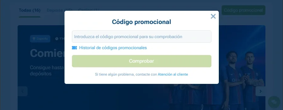 Campo para activar bienvenida 1xBet