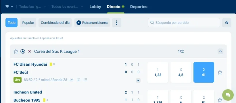1xBet LIVE seguimiento de partidos en vivo